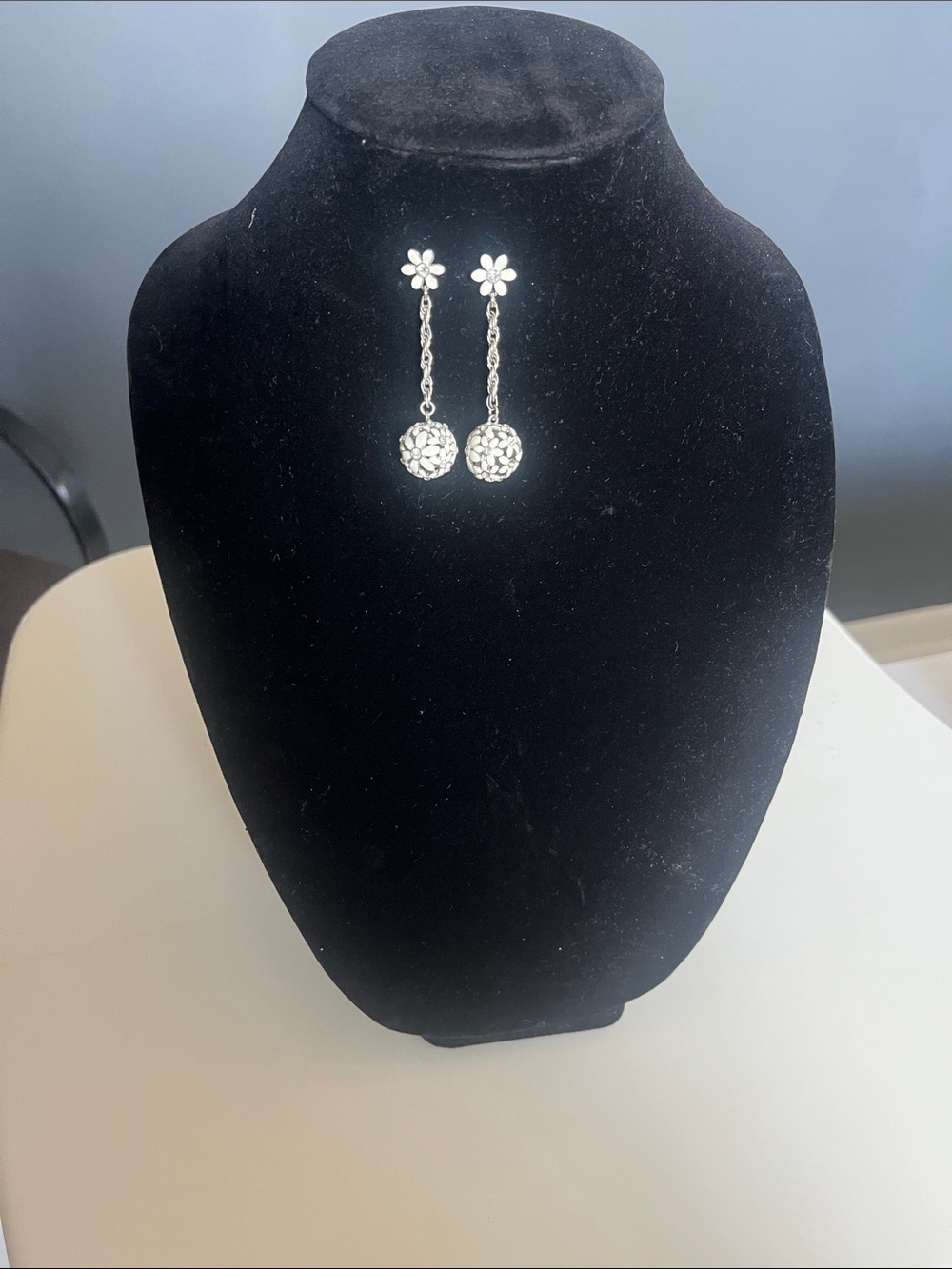 Cache White Floral Chain Drop Earrings with Crystal Spheres